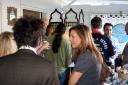 convivial congregants on the porch